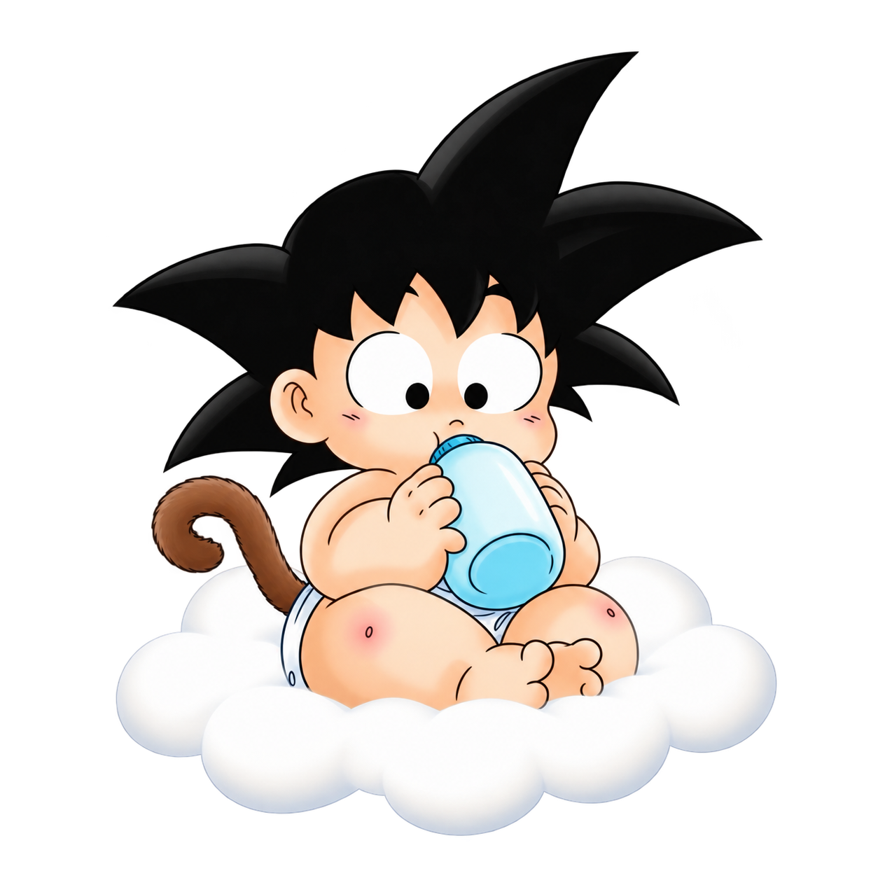 Goku bebé tomando su biberón sobre una nube